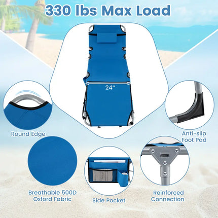 Set of 2 Tanning Chairs with Face Arm Holes Portable with 4-Level Backrest-Blue - Blue - Beach & Lawn Chairs
