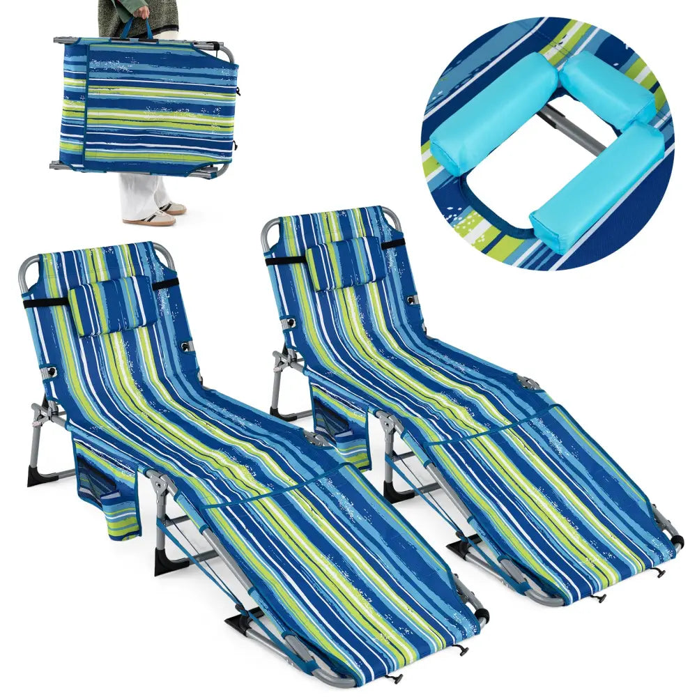 Set of 2 Tanning Chairs with Face Arm Holes Portable with 4-Level Backrest-Blue & Green - Blue & Green - Outdoor Chaise