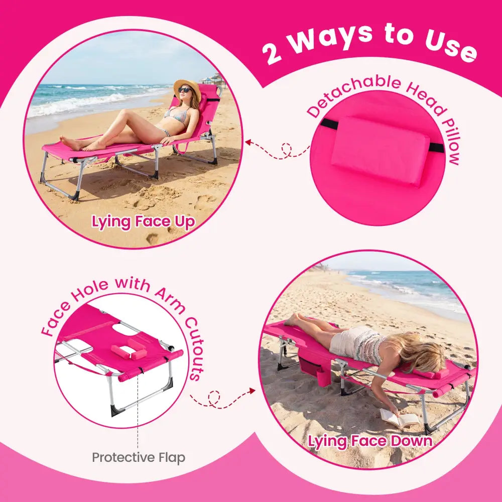 Set of 2 Tanning Chairs with Face Arm Holes Portable with 4-Level Backrest-Pink - Pink - Beach & Lawn Chairs