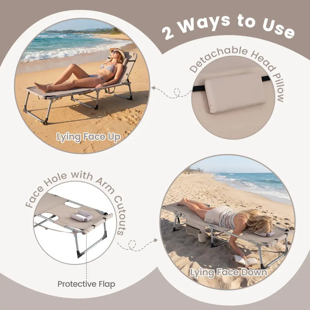 Set of 2 Tanning Chairs with Face Arm Holes Portable with 4-Level Backrest-Beige - Beige - Outdoor Chaise Lounges