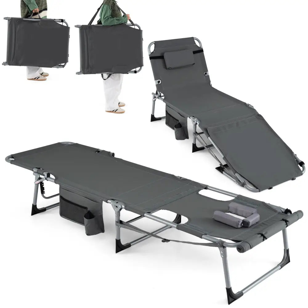Set of 2 Tanning Chairs with Face Arm Holes Portable with 4-Level Backrest-Gray - Gray - Beach & Lawn Chairs