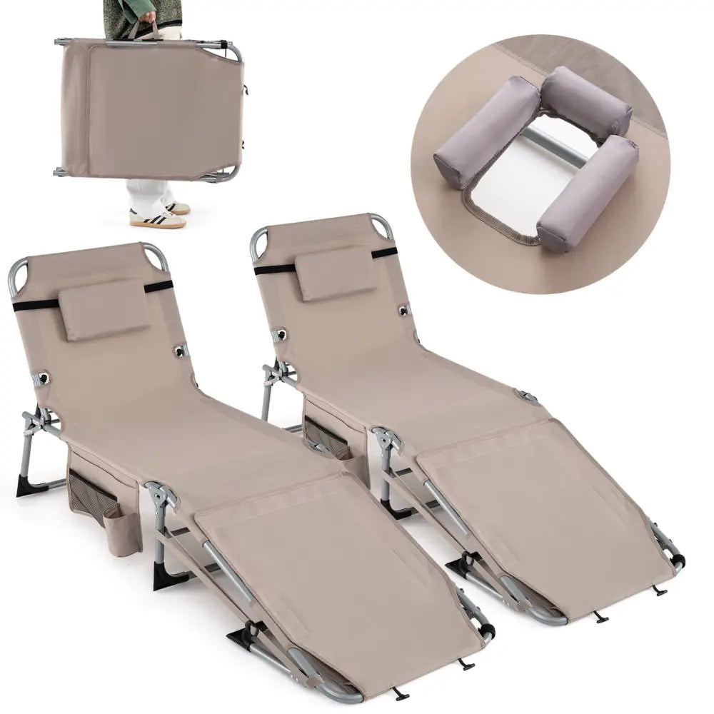 Set of 2 Tanning Chairs with Face Arm Holes Portable with 4-Level Backrest-Beige - Beige - Outdoor Chaise Lounges