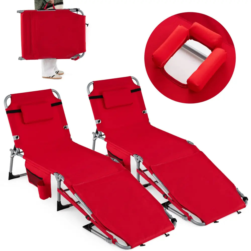 Set of 2 Tanning Chairs with Face Arm Holes Portable with 4-Level Backrest-Red - Red - Beach & Lawn Chairs