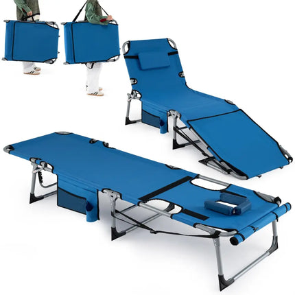 Set of 2 Tanning Chairs with Face Arm Holes Portable with 4-Level Backrest-Blue - Blue - Beach & Lawn Chairs