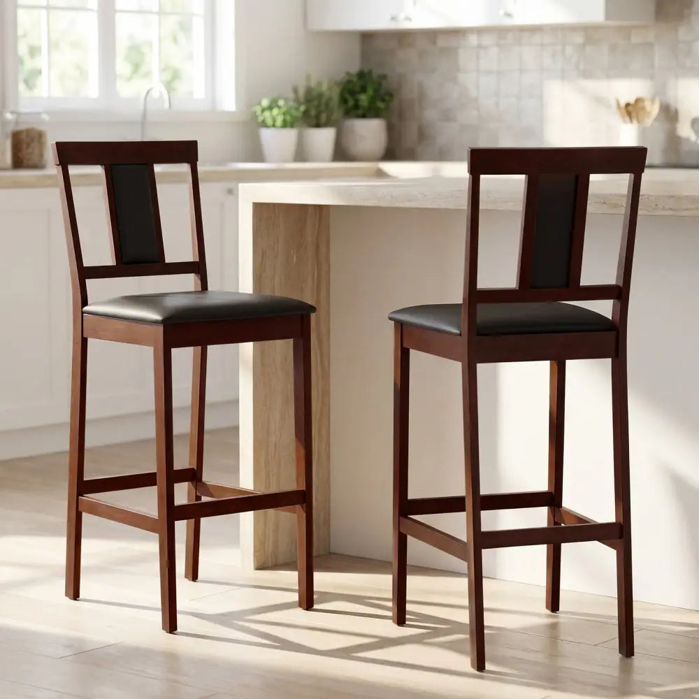Set of 2 Upholstered Barstool 29.5 Inch Bar Height with Solid Rubber Wood Frame-Walnut - Walnut - Bar Stools