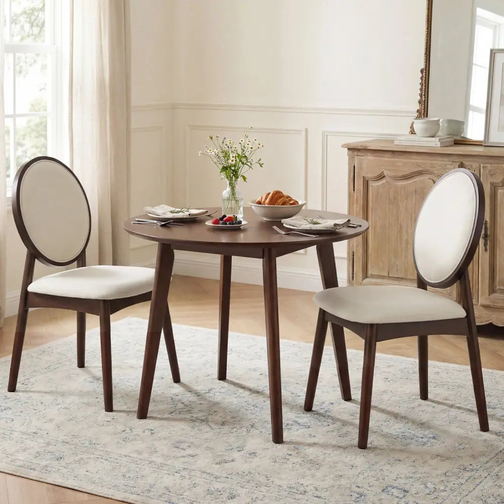 Set of 2 Upholstered Linen Fabric Kitchen Side Chairs with Padded Seat-Beige - Beige - Dining Chairs