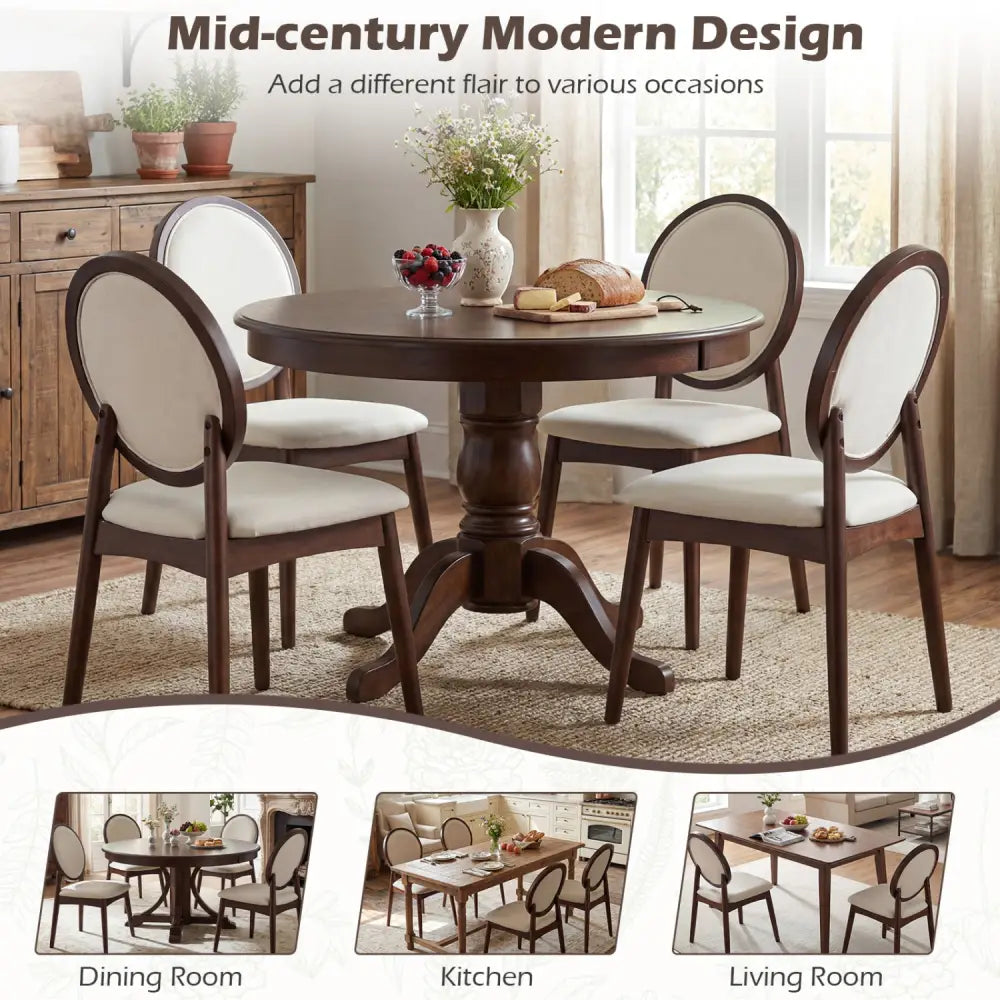 Set of 2 Upholstered Linen Fabric Kitchen Side Chairs with Padded Seat-Beige - Beige - Dining Chairs