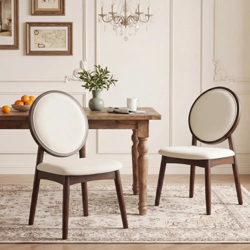 Set of 2 Upholstered Linen Fabric Kitchen Side Chairs with Padded Seat-Beige - Beige - Dining Chairs