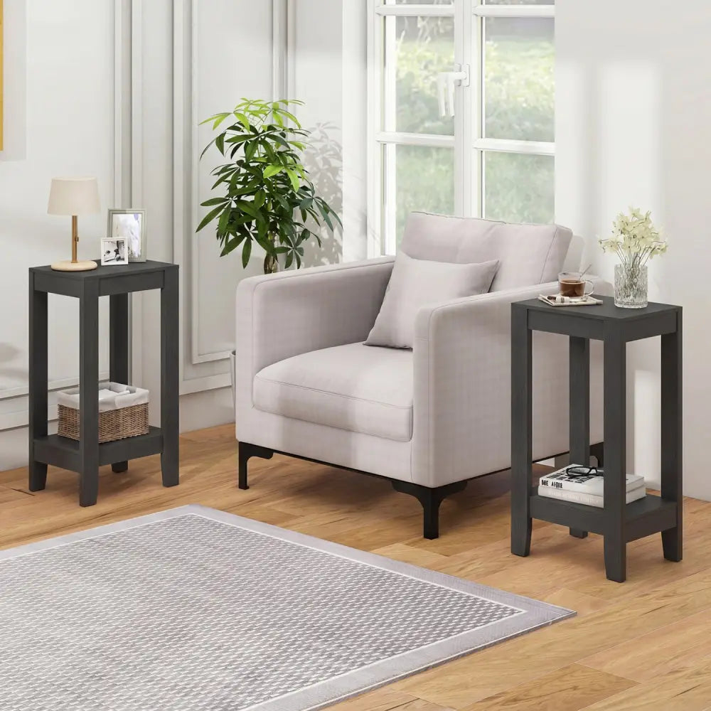 Set of 2 Versatile 2-Tier End Table with Storage Shelf-Black - Black - End & Side Tables
