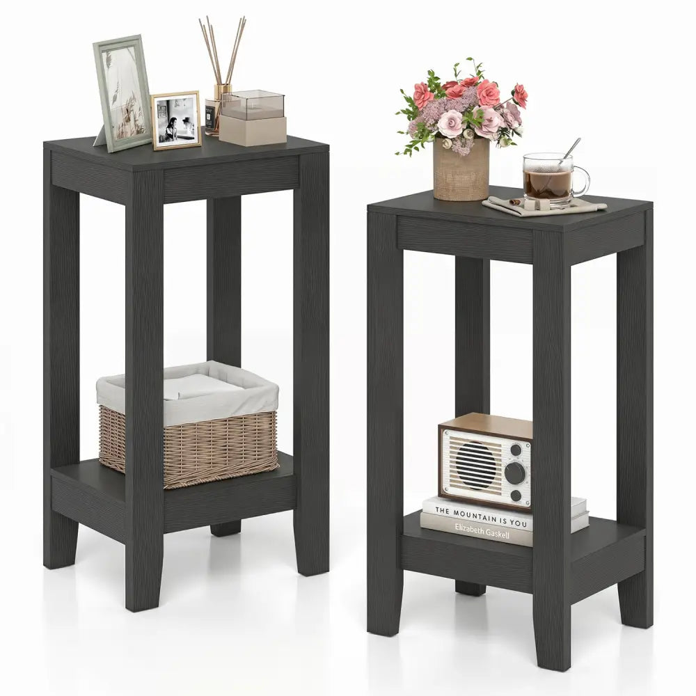 Set of 2 Versatile 2-Tier End Table with Storage Shelf-Black - Black - End & Side Tables