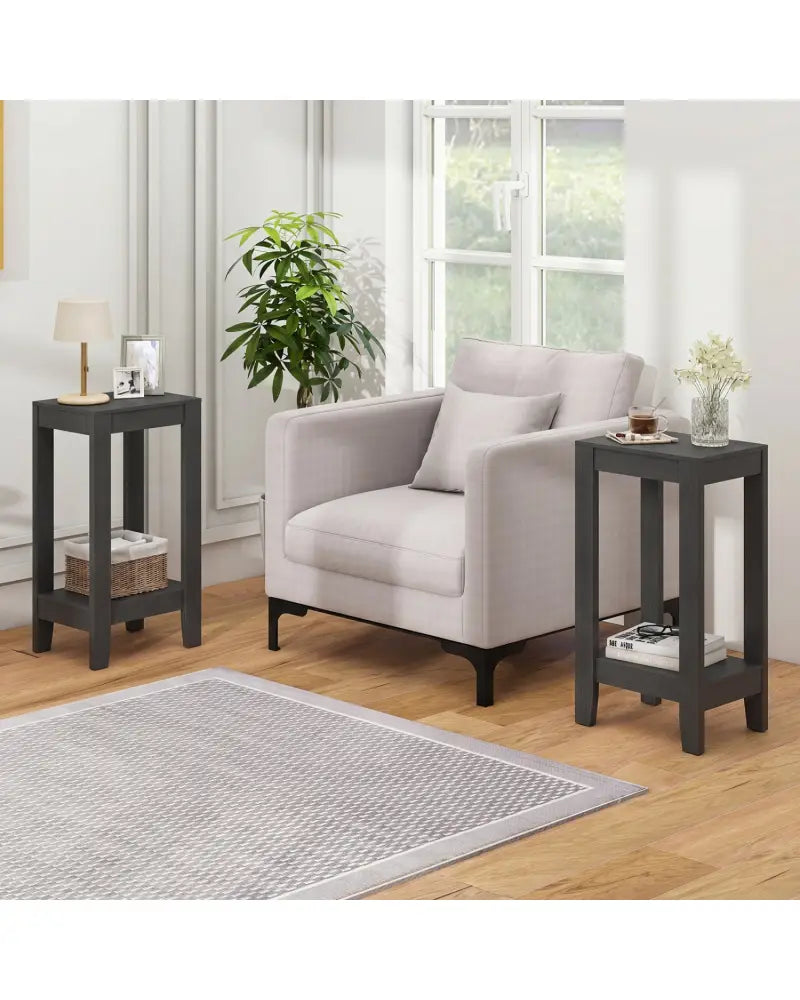 Set of 2 Versatile 2-Tier End Table with Storage Shelf-Black - Black - End & Side Tables