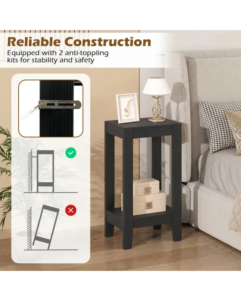 Set of 2 Versatile 2-Tier End Table with Storage Shelf-Black - Black - End & Side Tables
