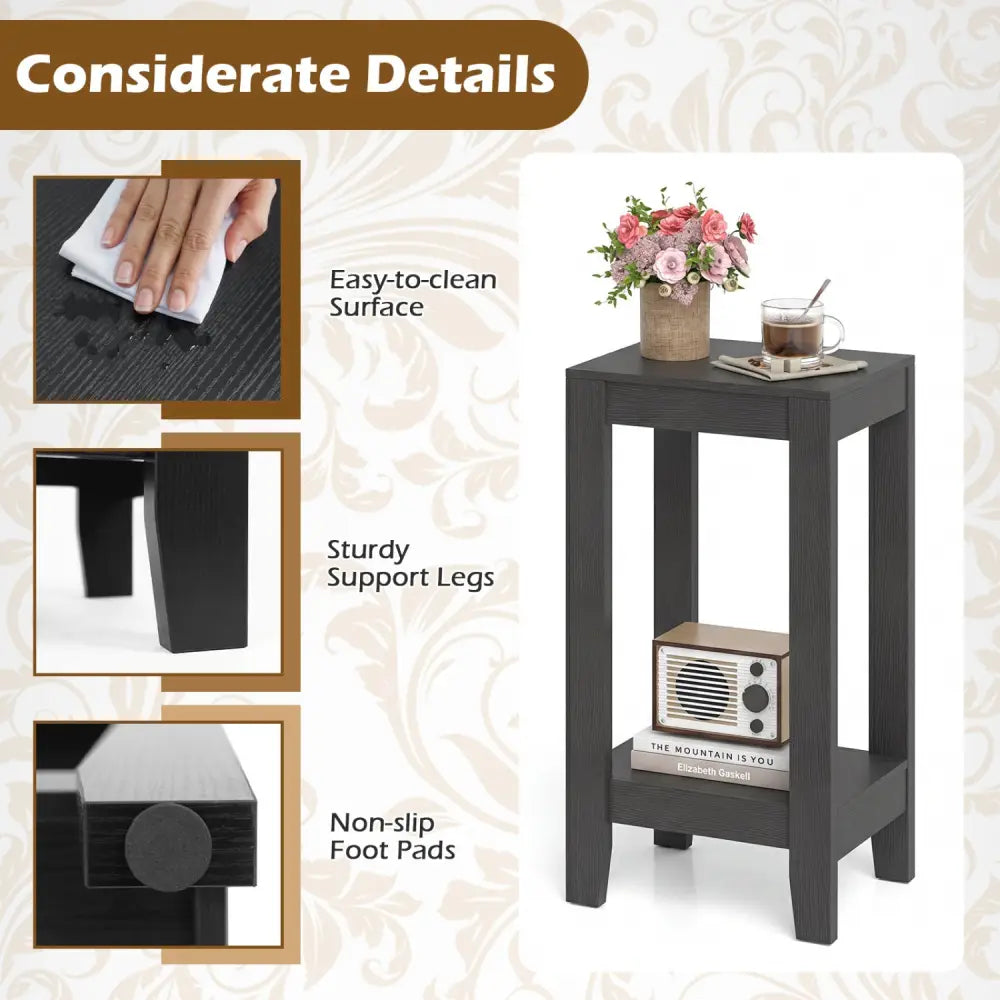 Set of 2 Versatile 2-Tier End Table with Storage Shelf-Black - Black - End & Side Tables