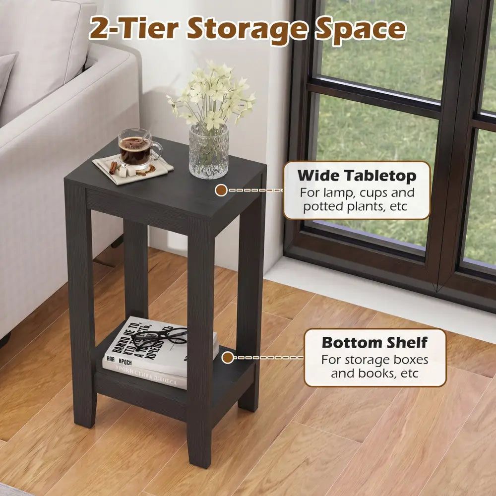 Set of 2 Versatile 2-Tier End Table with Storage Shelf-Black - Black - End & Side Tables