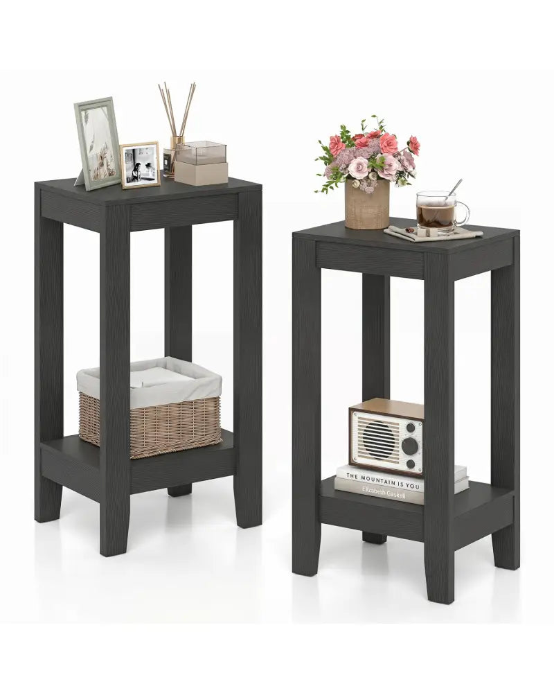 Set of 2 Versatile 2-Tier End Table with Storage Shelf-Black - Black - End & Side Tables
