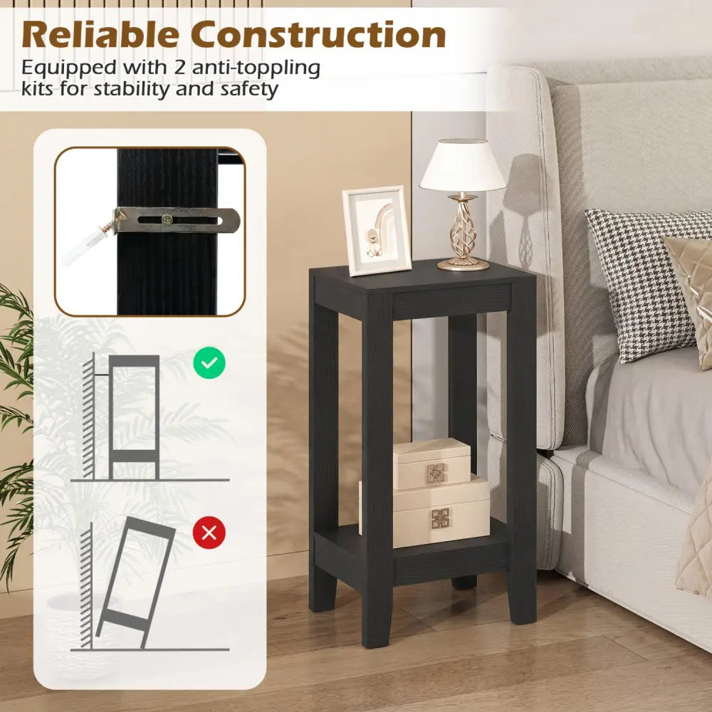 Set of 2 Versatile 2-Tier End Table with Storage Shelf-Black - Black - End & Side Tables