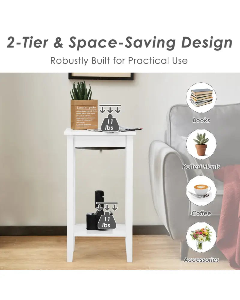 Set of 2 Versatile 2-Tier End Table with Storage Shelf-White - White - End & Side Tables