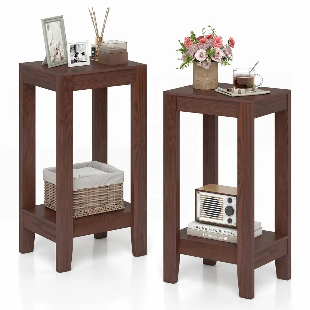 Set of 2 Versatile 2-Tier End Tables with Storage Shelf-Brown - Brown - End & Side Tables