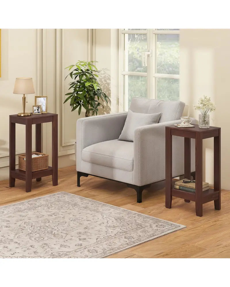 Set of 2 Versatile 2-Tier End Tables with Storage Shelf-Brown - Brown - End & Side Tables