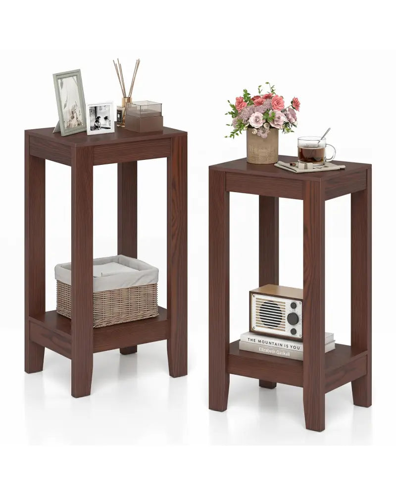 Set of 2 Versatile 2-Tier End Tables with Storage Shelf-Brown - Brown - End & Side Tables