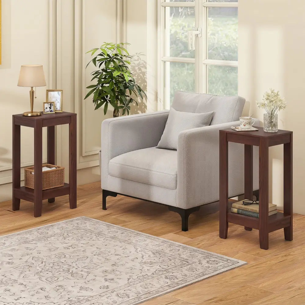Set of 2 Versatile 2-Tier End Tables with Storage Shelf-Brown - Brown - End & Side Tables