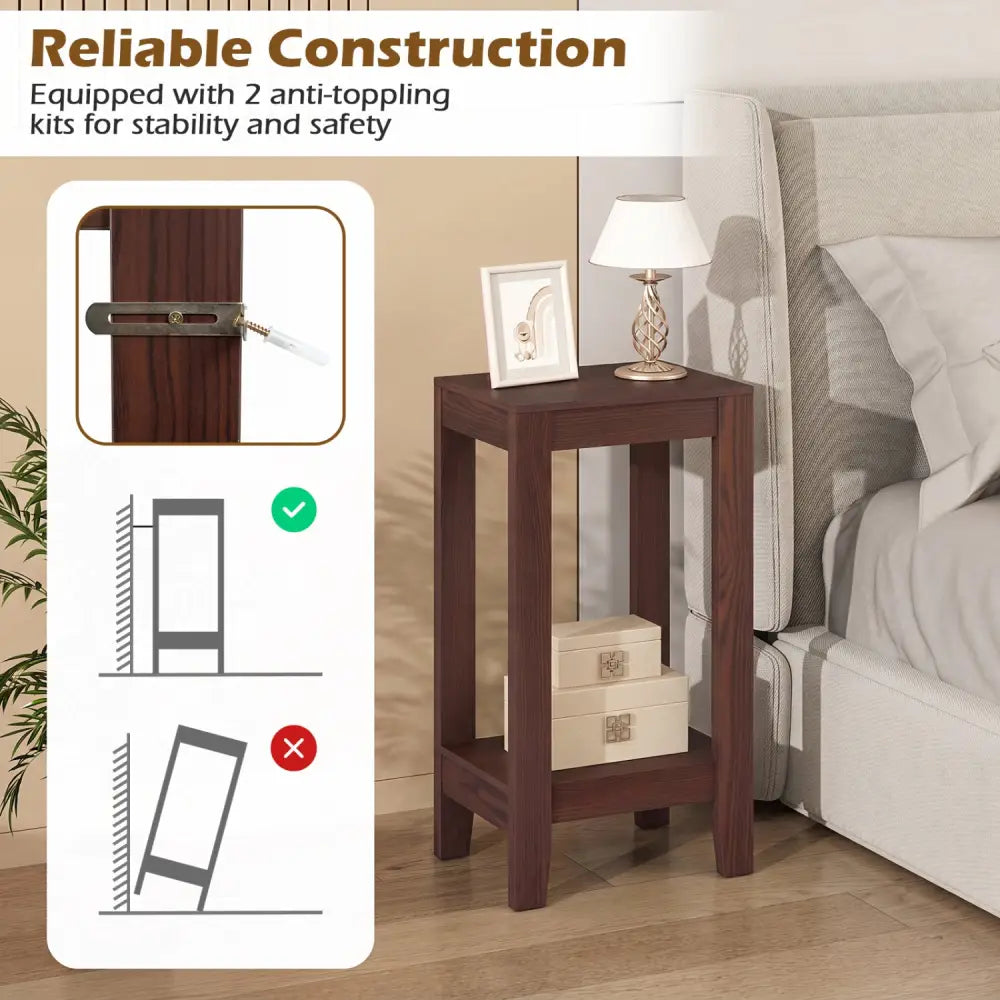 Set of 2 Versatile 2-Tier End Tables with Storage Shelf-Brown - Brown - End & Side Tables