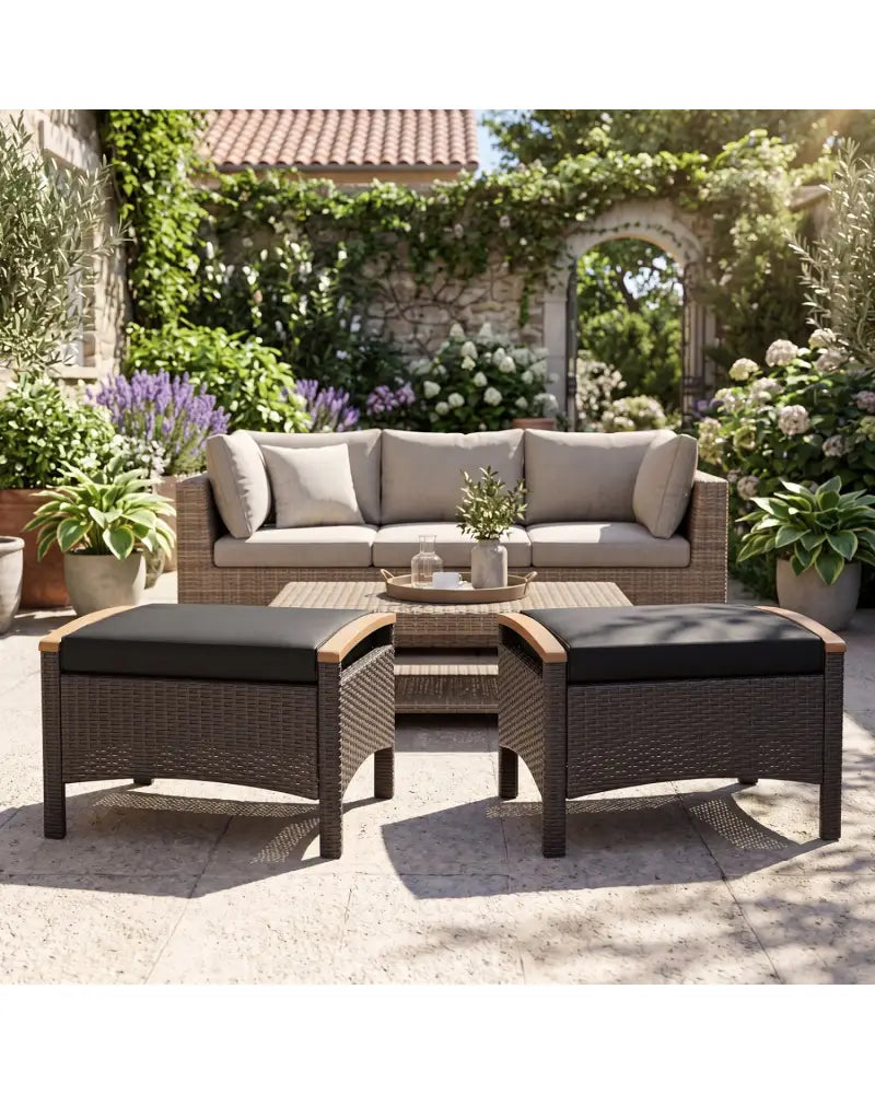 Set of 2 Wicker Patio Ottoman Fade-Resistant Foot Rest with Cushion-Black - Black - Outdoor Seating & Patio Chairs