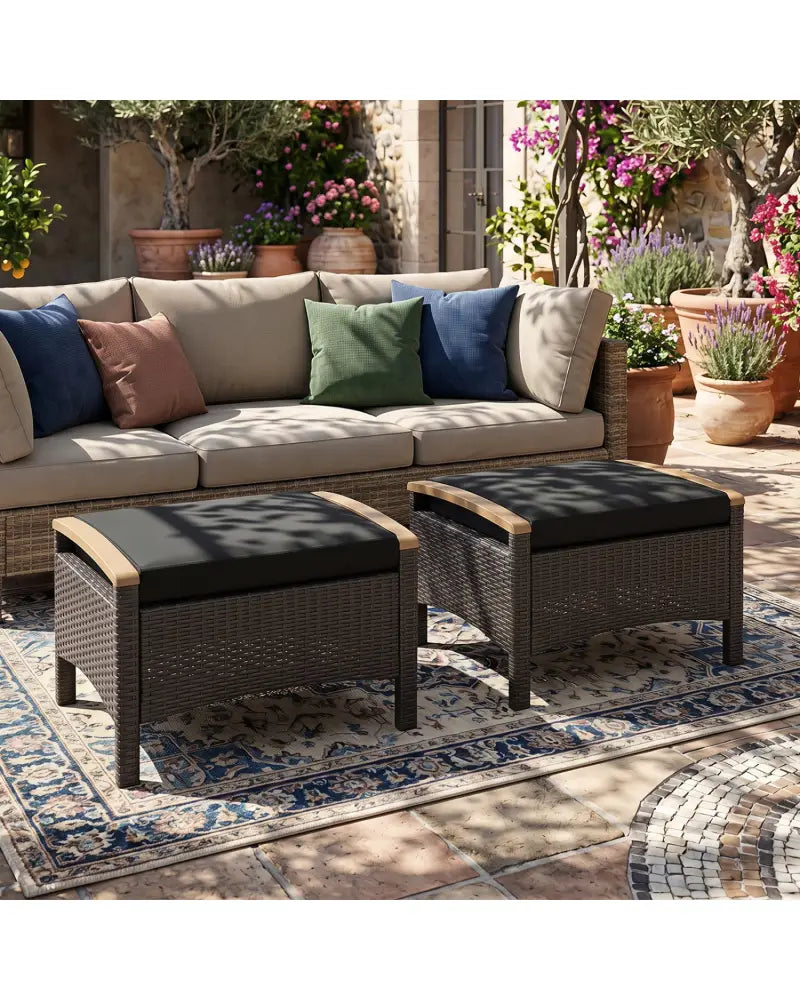 Set of 2 Wicker Patio Ottoman Fade-Resistant Foot Rest with Cushion-Black - Black - Outdoor Seating & Patio Chairs