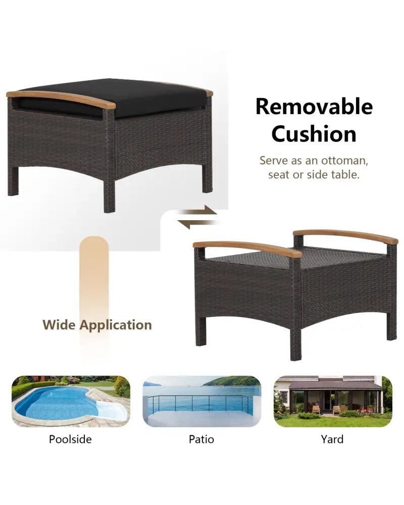 Set of 2 Wicker Patio Ottoman Fade-Resistant Foot Rest with Cushion-Black - Black - Outdoor Seating & Patio Chairs