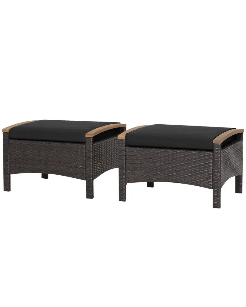 Set of 2 Wicker Patio Ottoman Fade-Resistant Foot Rest with Cushion-Black - Black - Outdoor Seating & Patio Chairs