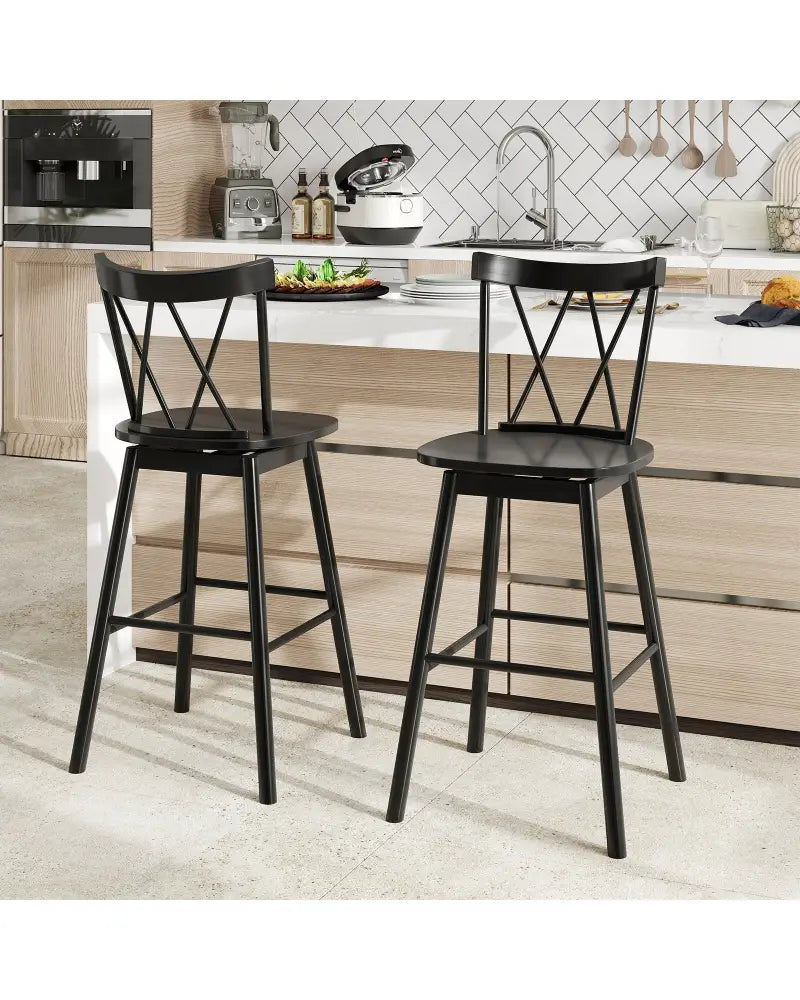 Set of 2 Windsor Bar Stool with Ergonomic Backrest and Footrests-29 inches - Black - Bar Stools