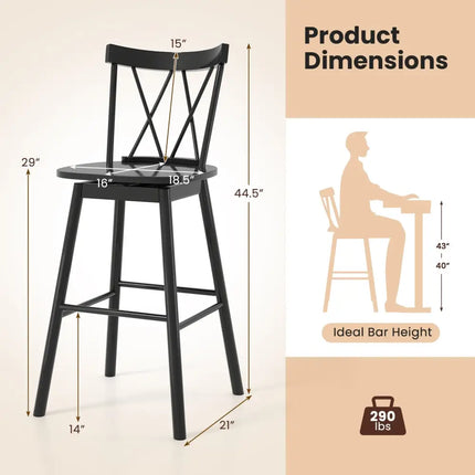 Set of 2 Windsor Bar Stool with Ergonomic Backrest and Footrests-29 inches - Black - Bar Stools