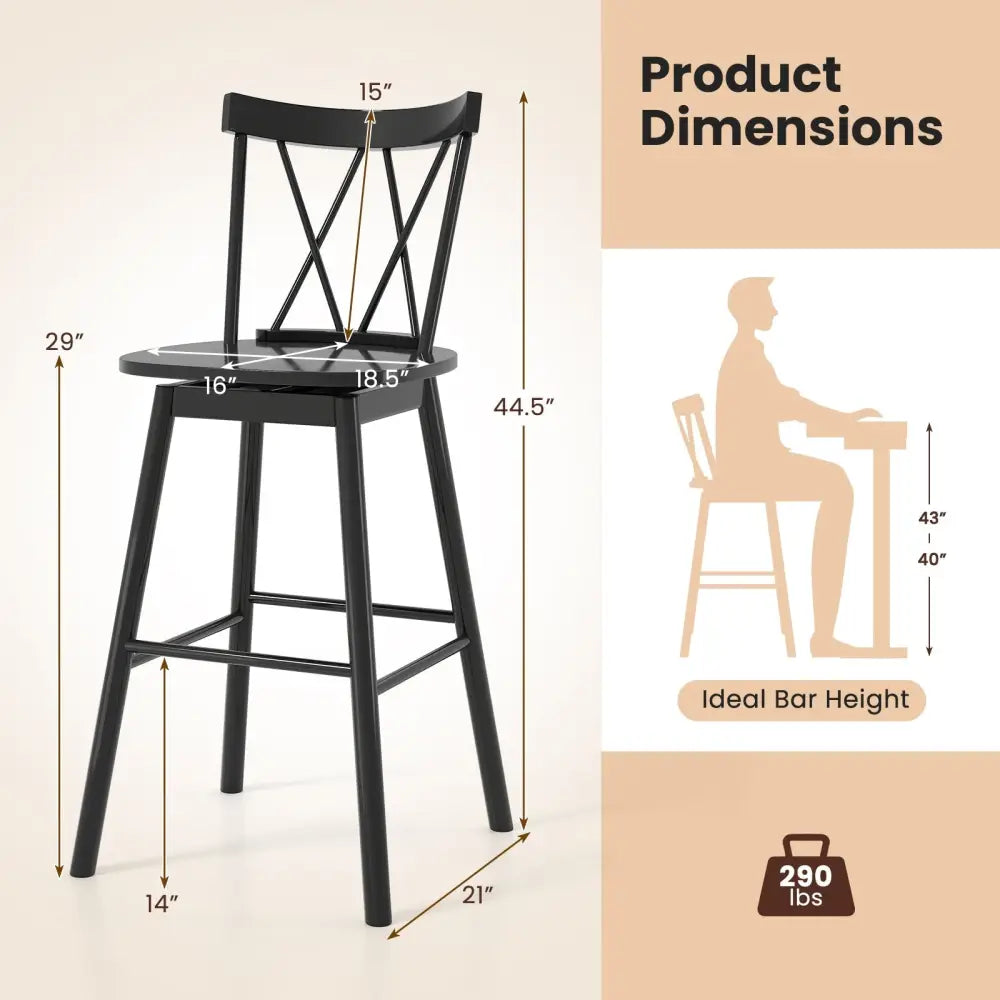Set of 2 Windsor Bar Stool with Ergonomic Backrest and Footrests-29 inches - Black - Bar Stools