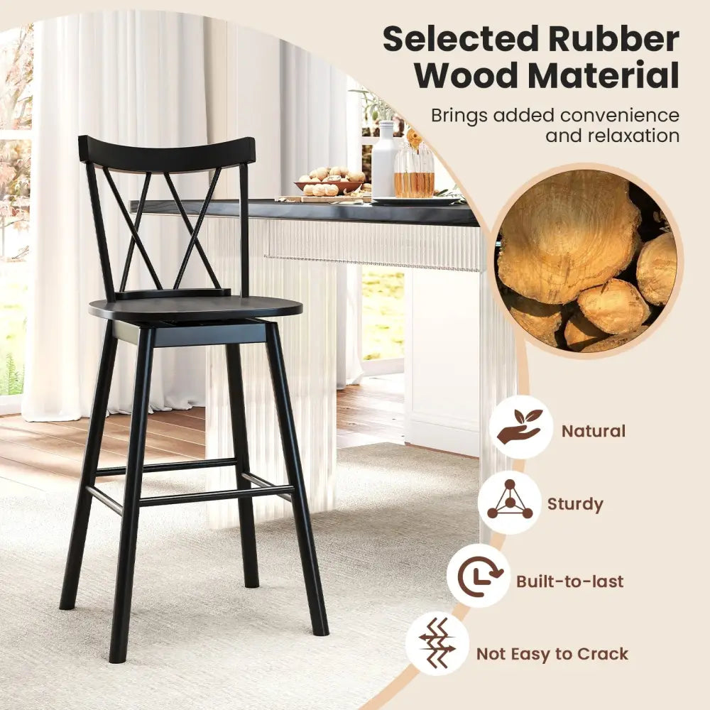 Set of 2 Windsor Bar Stool with Ergonomic Backrest and Footrests-29 inches - Black - Bar Stools