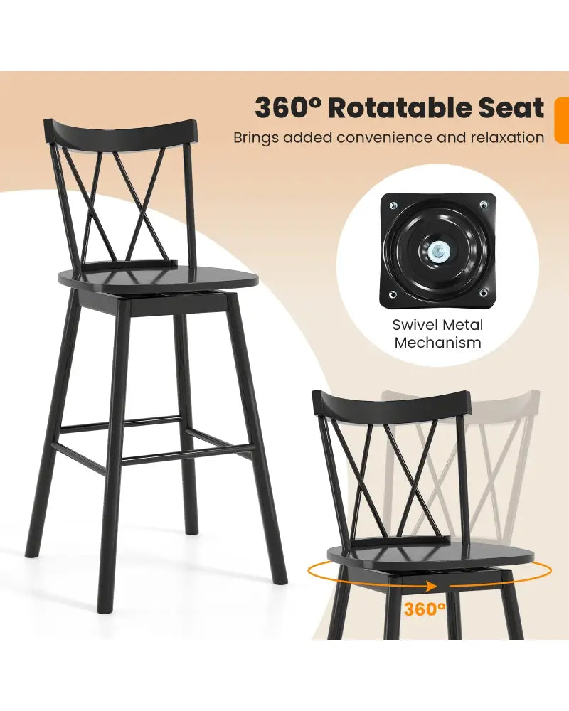 Set of 2 Windsor Bar Stool with Ergonomic Backrest and Footrests-29 inches - Black - Bar Stools
