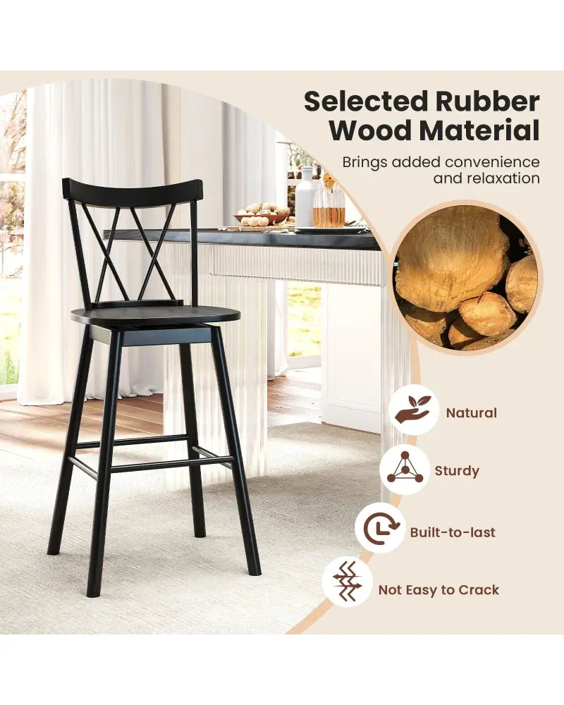 Set of 2 Windsor Bar Stool with Ergonomic Backrest and Footrests-29 inches - Black - Bar Stools
