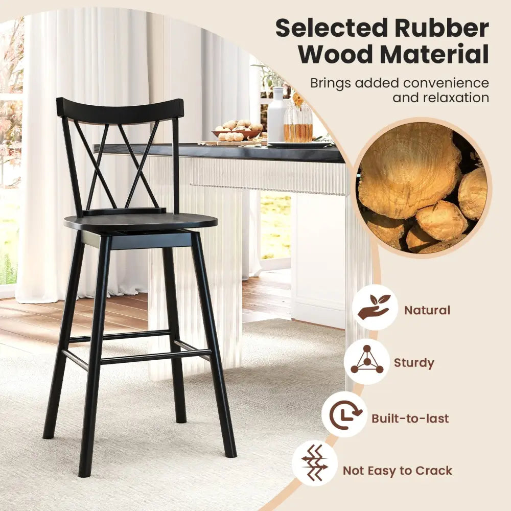 Set of 2 Windsor Bar Stool with Ergonomic Backrest and Footrests-29 inches - Black - Bar Stools