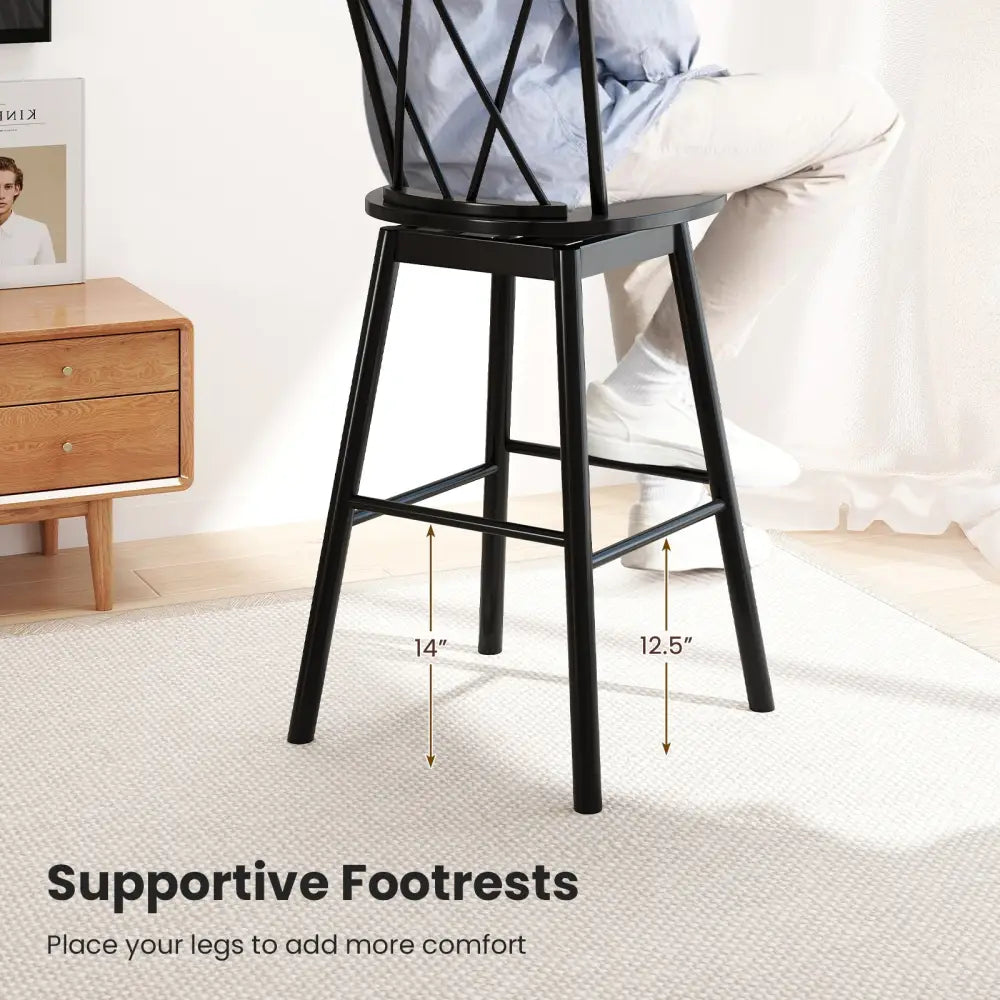 Set of 2 Windsor Bar Stool with Ergonomic Backrest and Footrests-29 inches - Black - Bar Stools