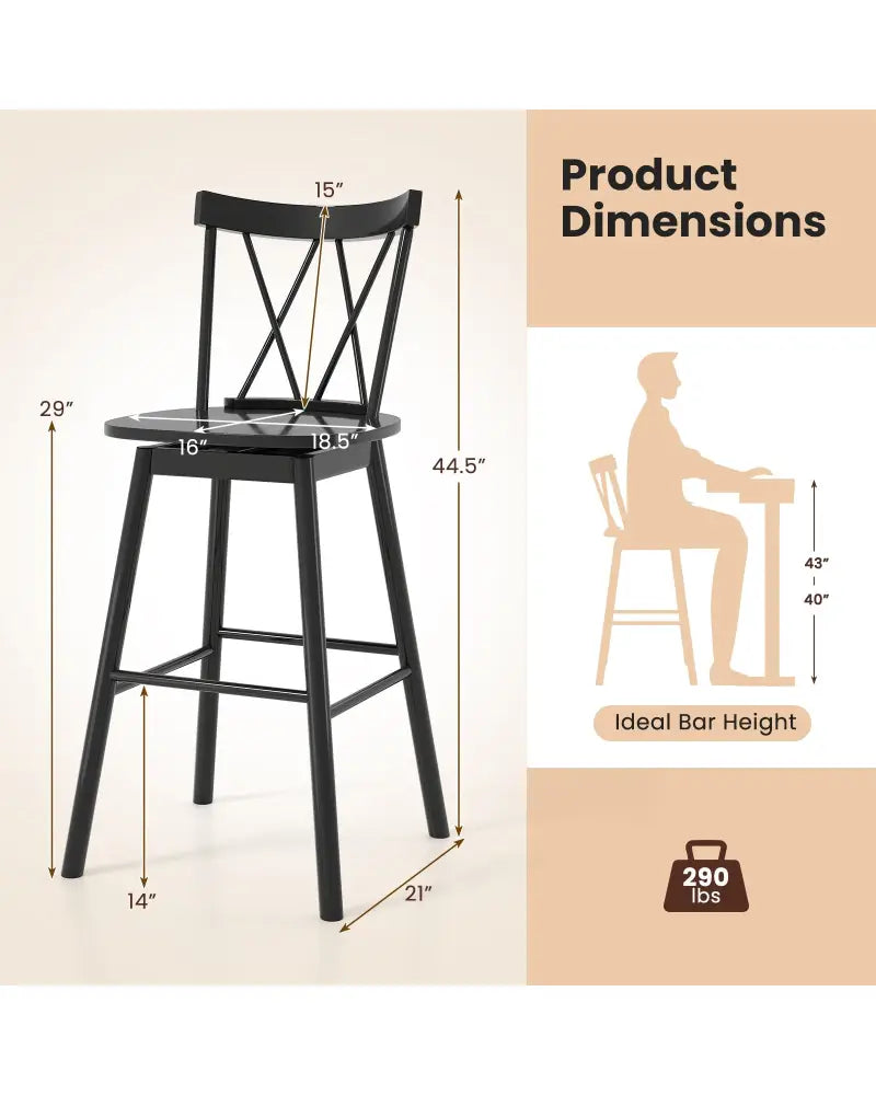 Set of 2 Windsor Bar Stool with Ergonomic Backrest and Footrests-29 inches - Black - Bar Stools