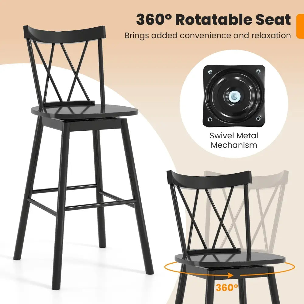 Set of 2 Windsor Bar Stool with Ergonomic Backrest and Footrests-29 inches - Black - Bar Stools