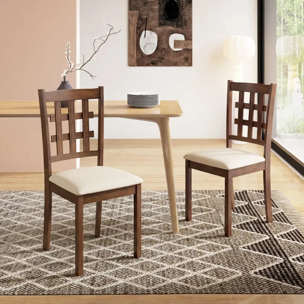 Set of 2 Wood Kitchen Chairs with Faux Leather Upholstered Seat-Coffee - Coffee - Dining Chairs
