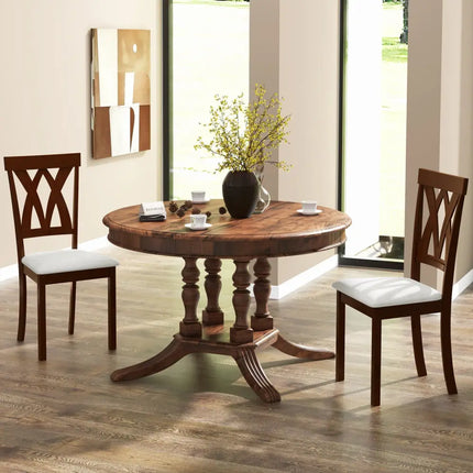 Set of 2 Wood Kitchen Chairs with Faux Leather Upholstered Seat-Beige - Beige - Dining Chairs