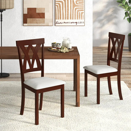 Set of 2 Wood Kitchen Chairs with Faux Leather Upholstered Seat-Beige - Beige - Dining Chairs