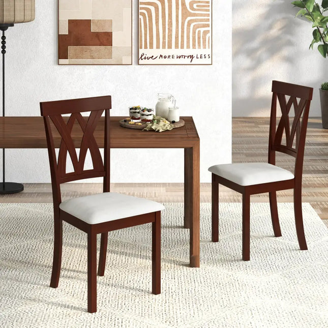 Set of 2 Wood Kitchen Chairs with Faux Leather Upholstered Seat-Beige - Beige - Dining Chairs