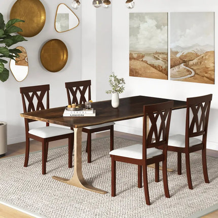 Set of 2 Wood Kitchen Chairs with Faux Leather Upholstered Seat-Beige - Beige - Dining Chairs