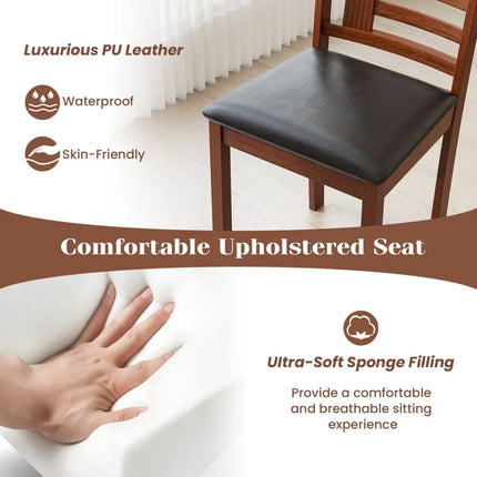 Set of 2 Wood Kitchen Chairs with Faux Leather Upholstered Seat-Black - Black - Dining Chairs