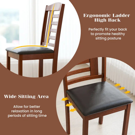 Set of 2 Wood Kitchen Chairs with Faux Leather Upholstered Seat-Black - Black - Dining Chairs