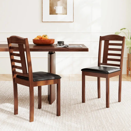 Set of 2 Wood Kitchen Chairs with Faux Leather Upholstered Seat-Black - Black - Dining Chairs
