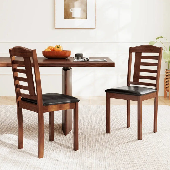 Set of 2 Wood Kitchen Chairs with Faux Leather Upholstered Seat-Black - Black - Dining Chairs