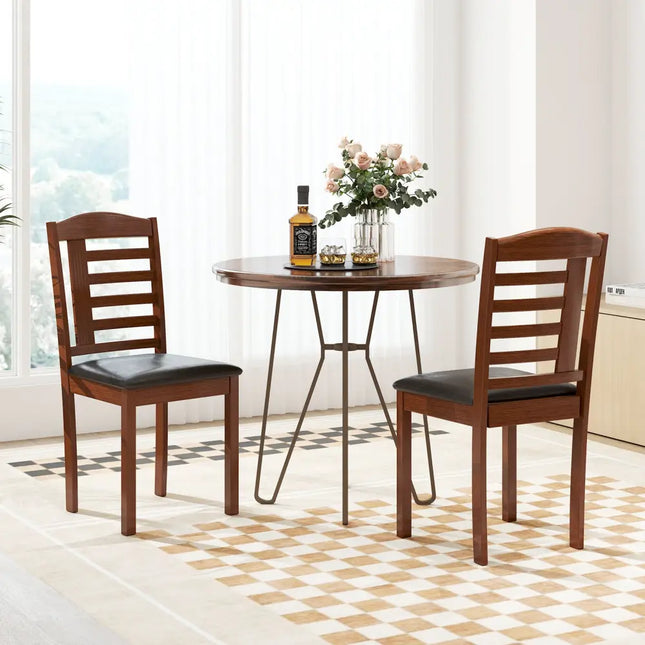 Set of 2 Wood Kitchen Chairs with Faux Leather Upholstered Seat-Black - Black - Dining Chairs